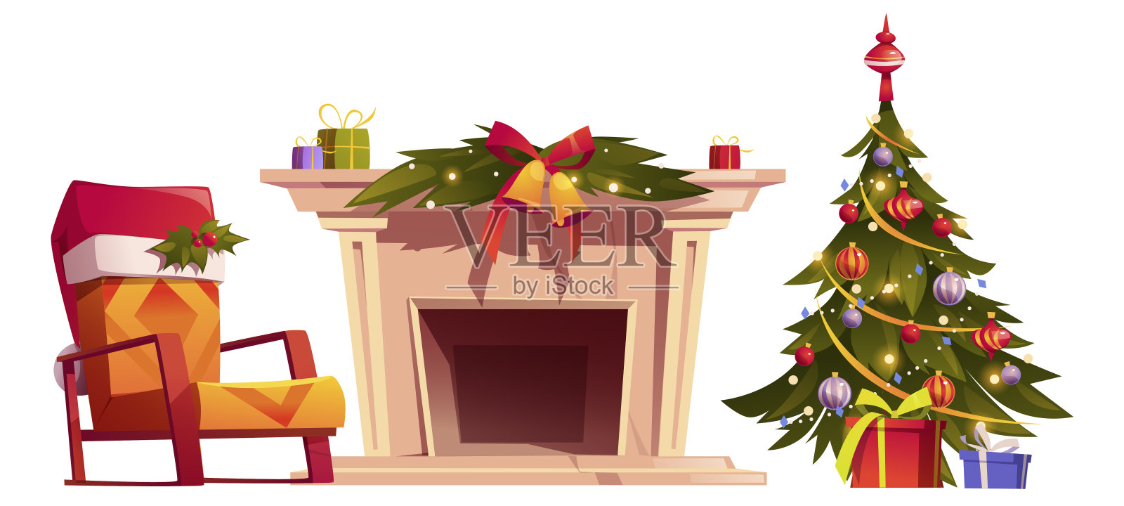 家里有圣诞树和礼品盒插画图片素材