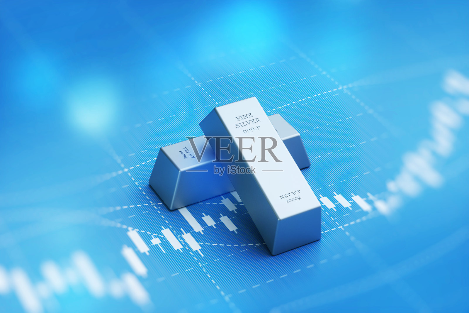 坐在蓝色条形图上的银条，股票市场和金融概念。照片摄影图片