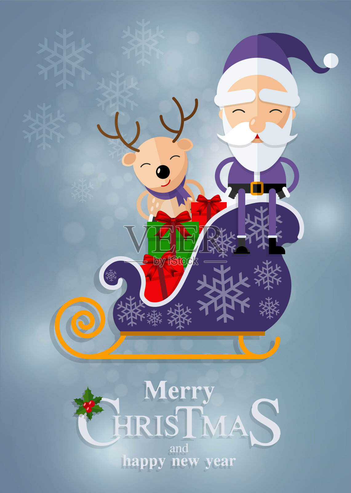 圣诞快乐，快乐的圣诞伙伴。圣诞老人，雪人，驯鹿和精灵在圣诞雪景与工艺风格的背景。插画图片素材