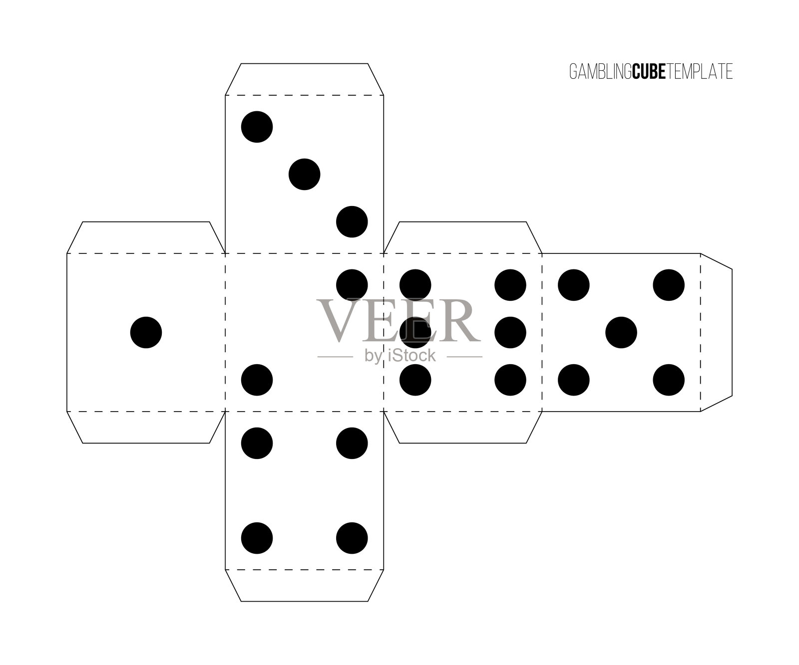 方块为赌博纸模板。赌场掷骰子和玩游戏矢量插图。扑克方块切割黑白蓝图，数字与点孤立在白色背景插画图片素材