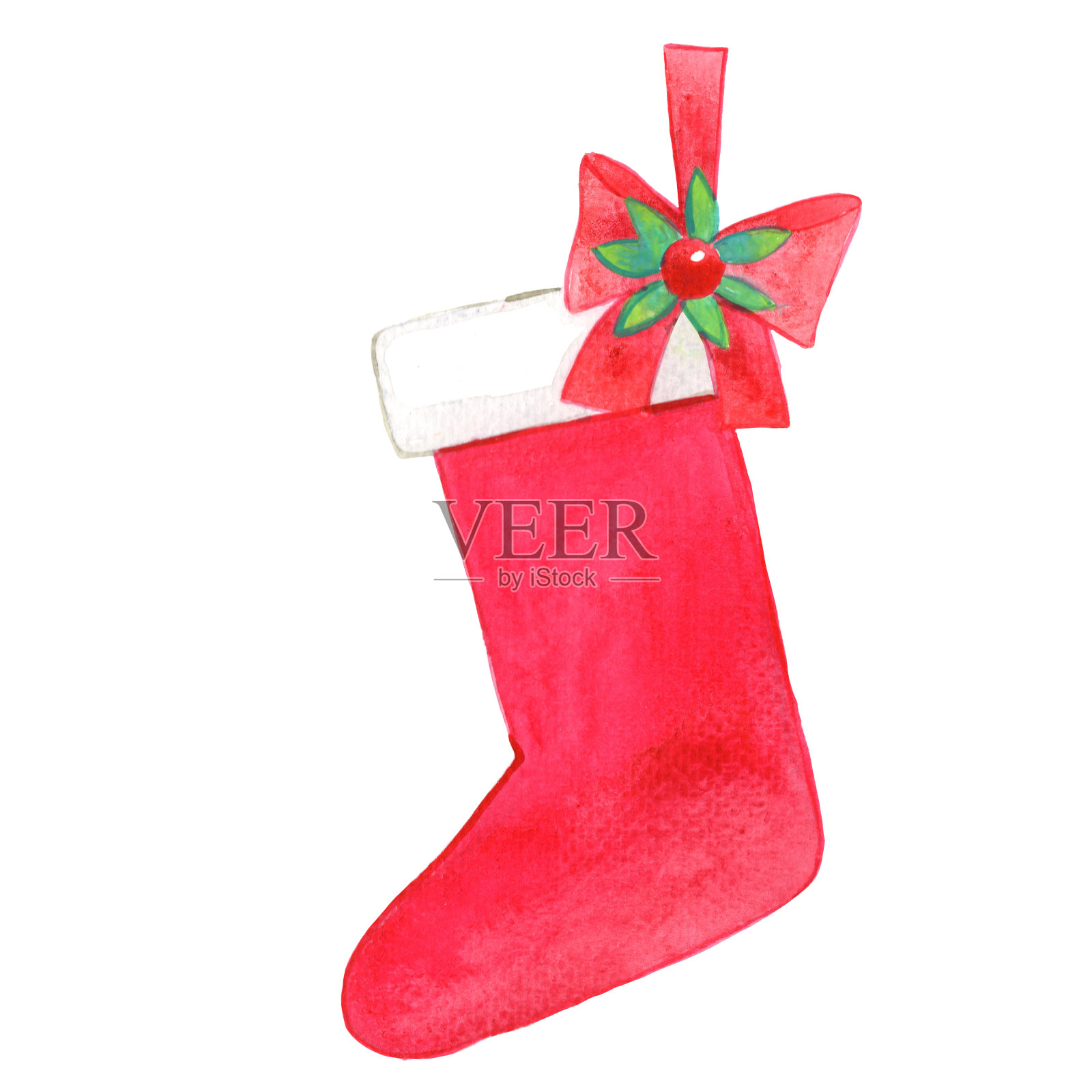 圣诞节活动时用蝴蝶结水彩装饰的红色圣诞袜。插画图片素材