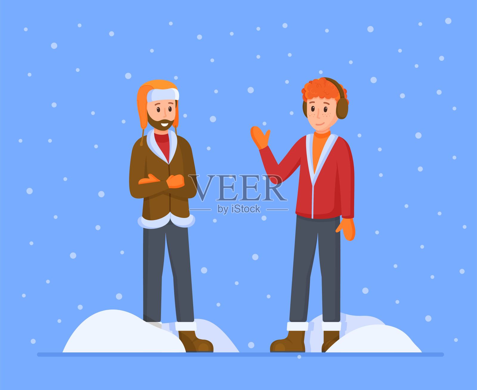 向量插图的男人在冬天。两个穿着羊皮大衣的时髦男人站在寒冷中，穿着柔软温暖的冬衣。插画图片素材