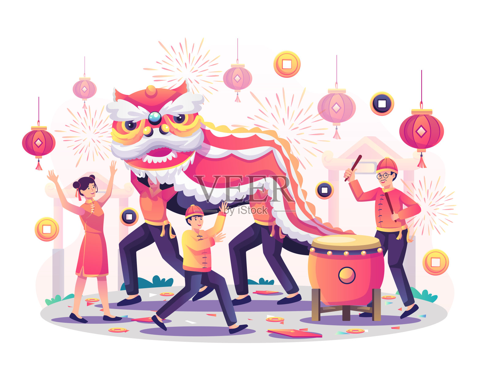 和亚洲的孩子们一起玩中国舞狮，鼓手打鼓，放烟花，挂灯笼来庆祝中国新年。平面向量插图插画图片素材