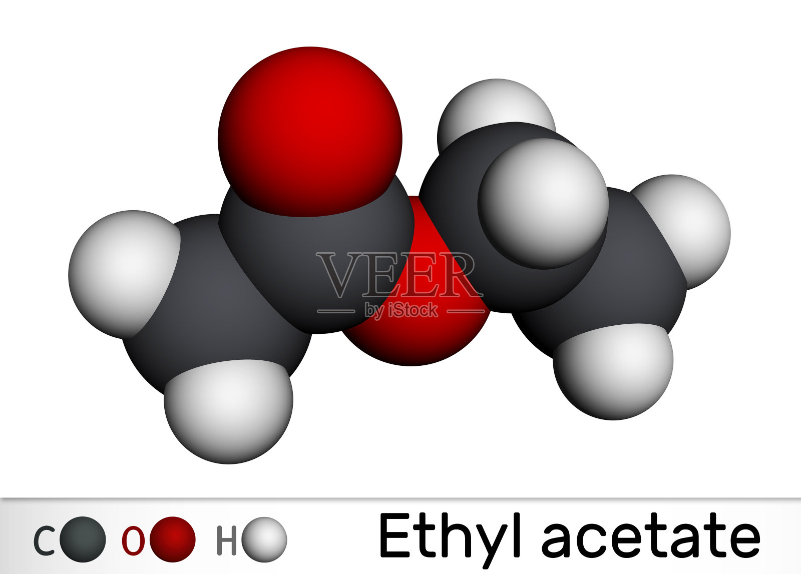 乙酸乙酯，乙醇酸乙酯分子。它是醋酸酯，极性非质子溶剂，附加添加剂E1504。分子模型。三维渲染插画图片素材
