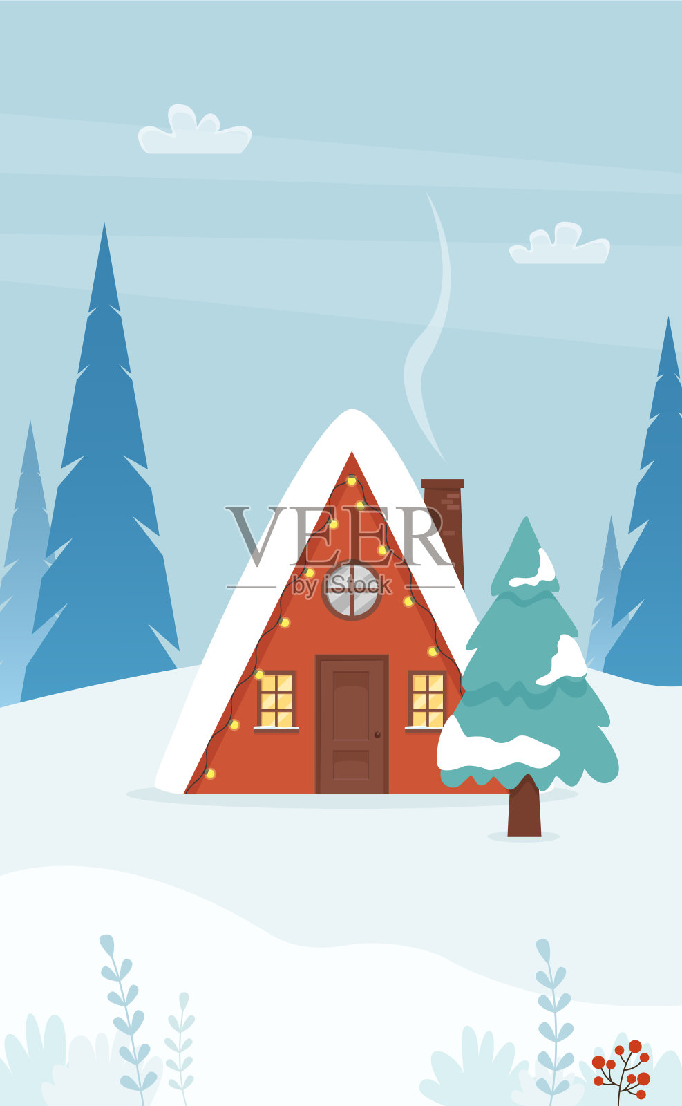 冬天的小屋。冬天的风景是有烟囱烟雾，树木，积雪的乡村房子。设计元素图片