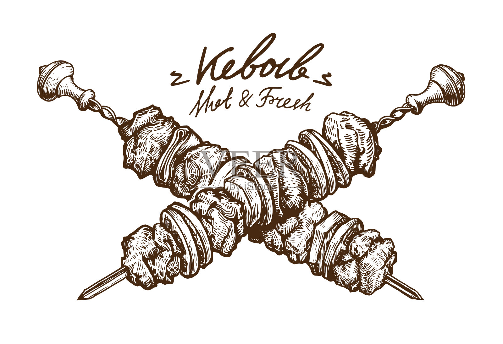 烤肉串。羊肉串草图。肉串与蔬菜矢量插图插画图片素材