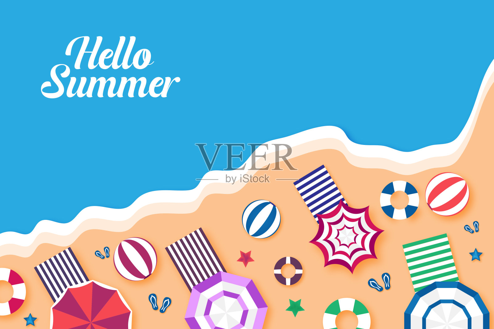 海波沙滩背景俯视图，彩色沙滩伞，游泳圈和沙滩球，海星和拖鞋插画图片素材