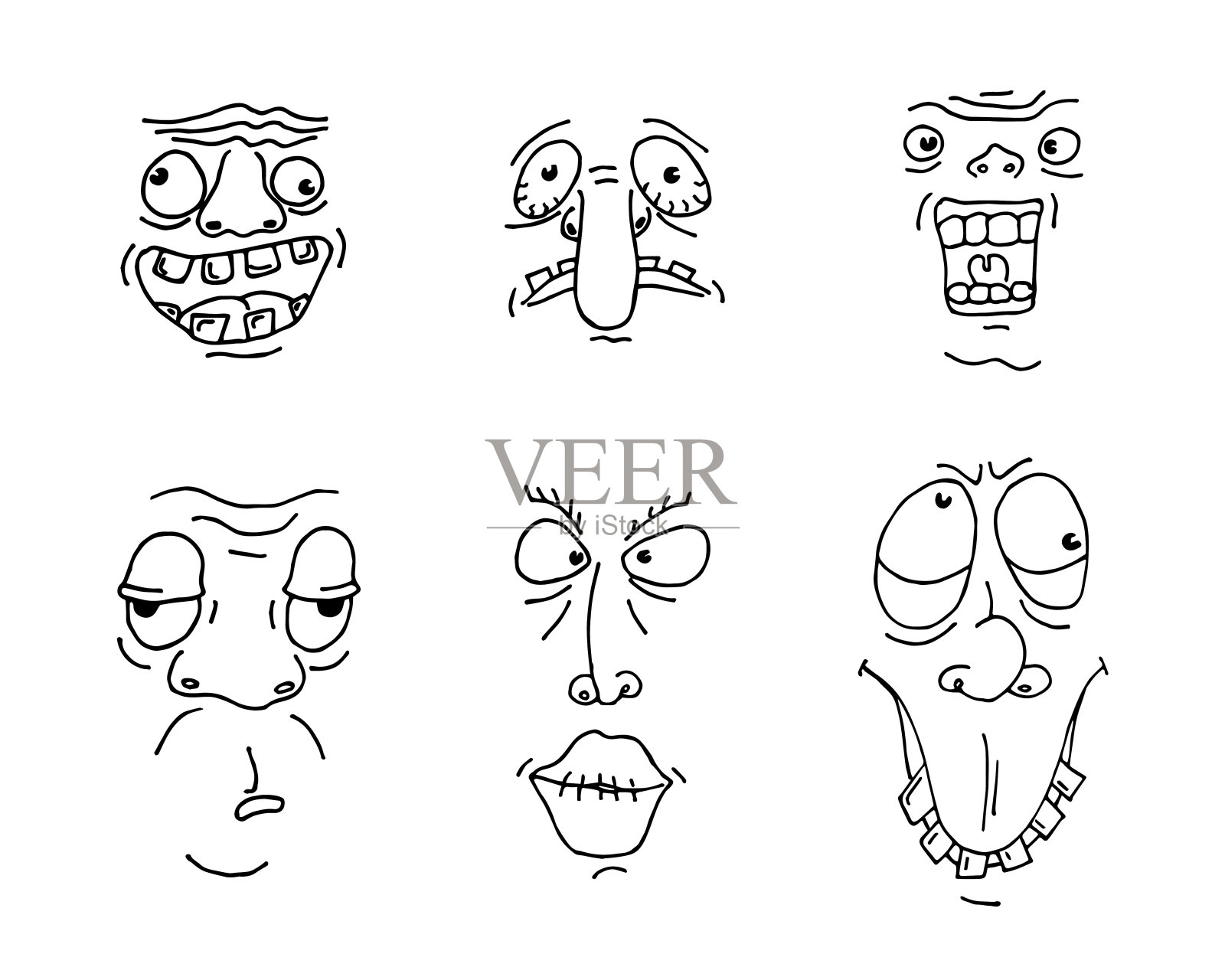 丑男人脸素描集。手绘轮廓涂鸦卡通怪物人物鬼脸集。不同的疯狂人物头像。矢量图插画图片素材