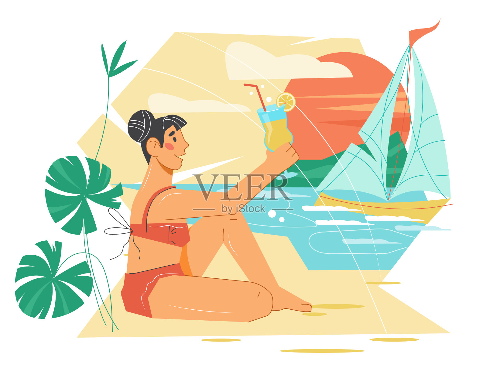 夏日海滩度假横幅与女子日光浴在海滨，矢量孤立。插画图片素材