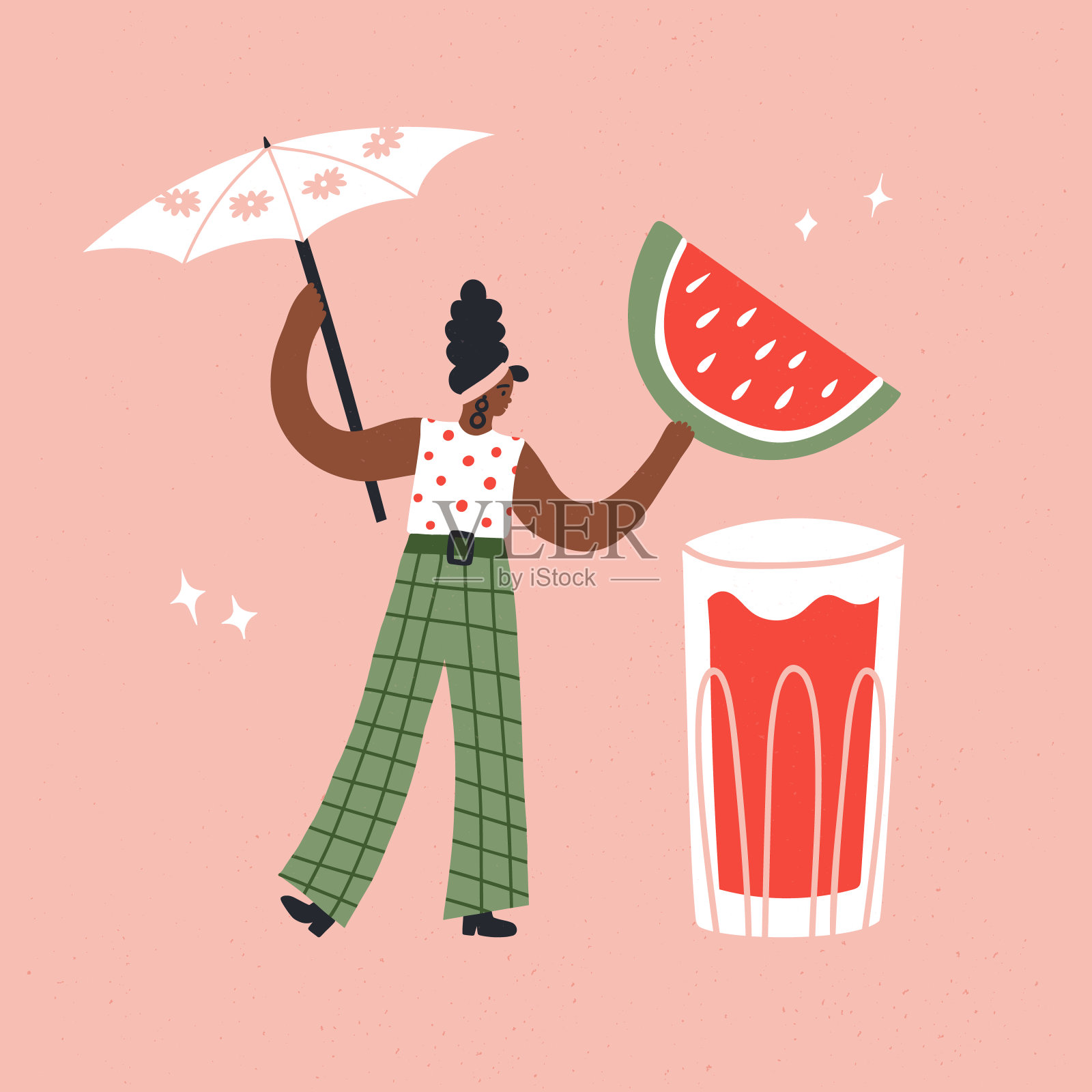 一个女人拿着鸡尾酒纸遮阳伞，在装满新鲜果汁、提神饮料或柠檬水的杯子下放着一片大西瓜。吃本地的，有机的，本土的，健康的饮食和素食主义的概念。插画图片素材
