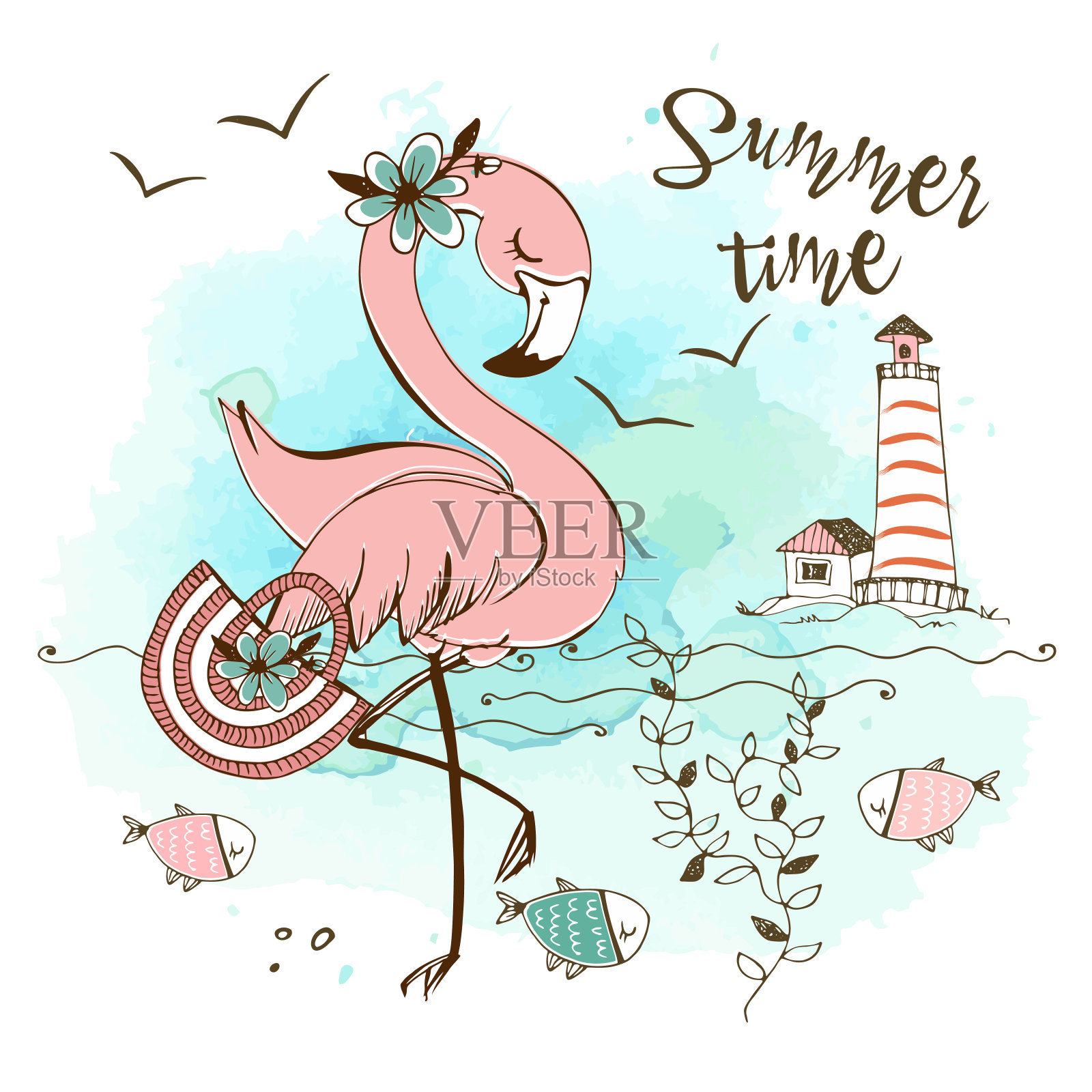 时尚可爱的粉红色火烈鸟带着包在海滩上。夏天的时间。向量插画图片素材