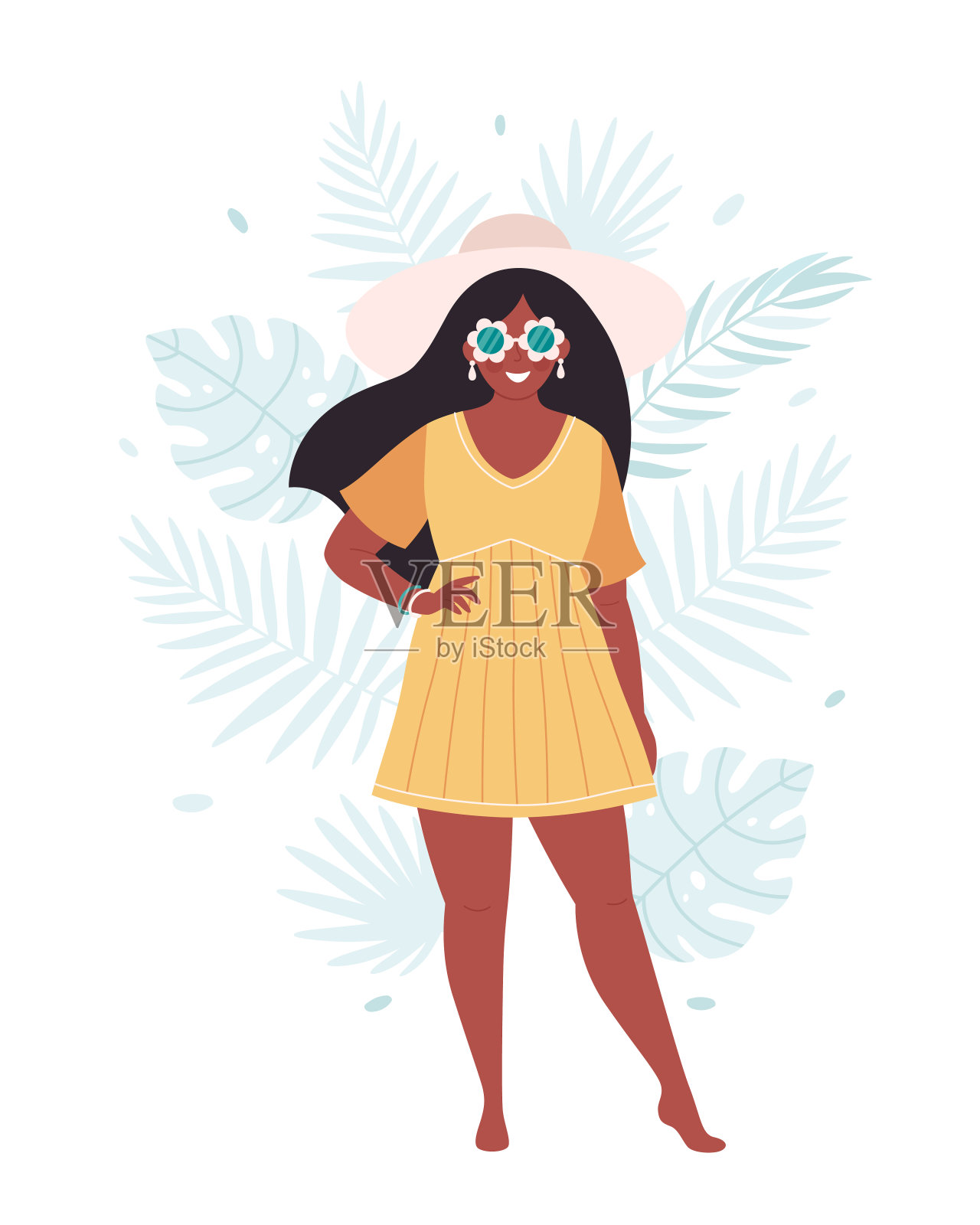 黑人妇女的帽子和复古眼镜热带树叶的背景。你好，夏天，夏天的时间，假期。手绘矢量插图插画图片素材