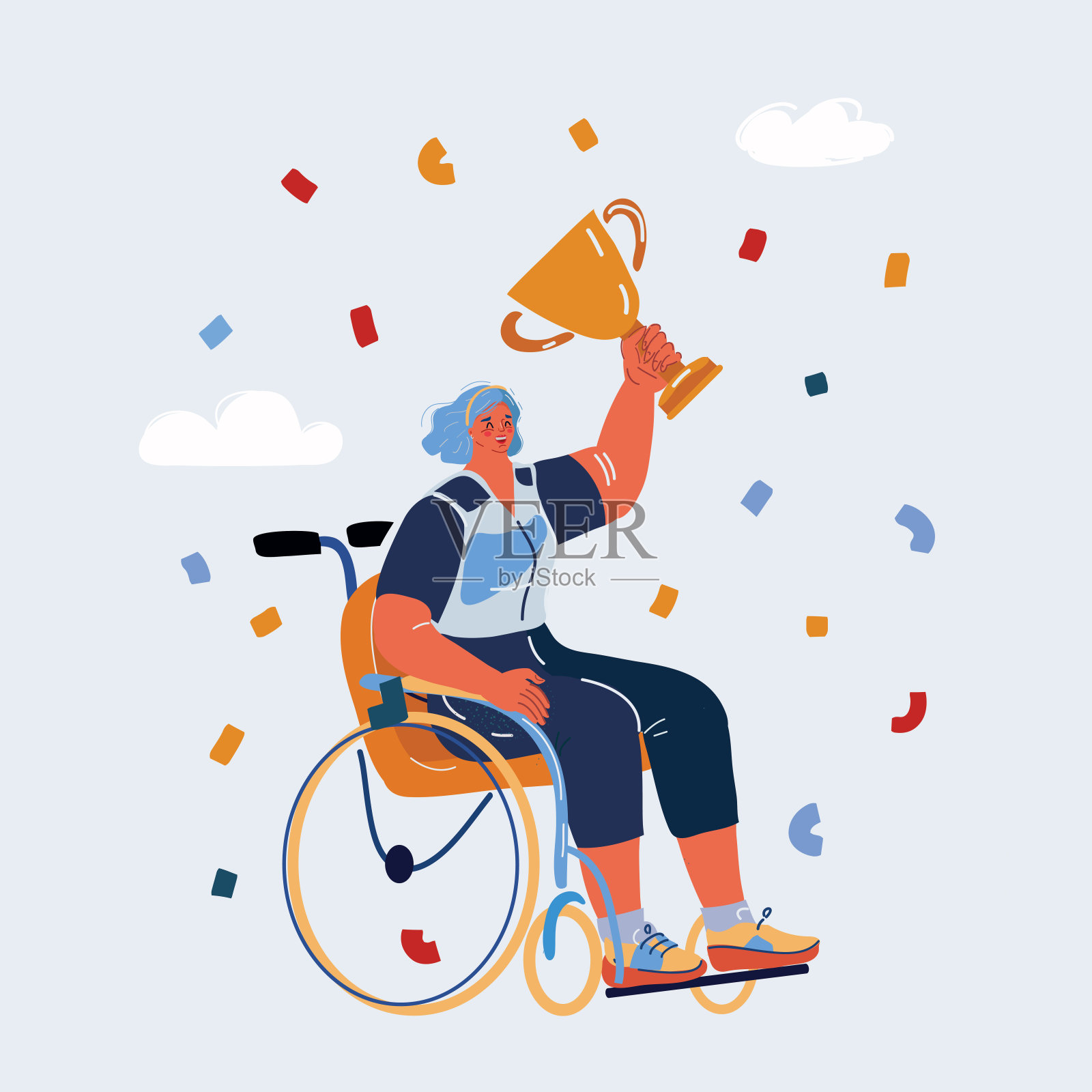 矢量插图的女人在轮椅上拿着杯子在她的手中。残奥会运动游戏概念。插画图片素材