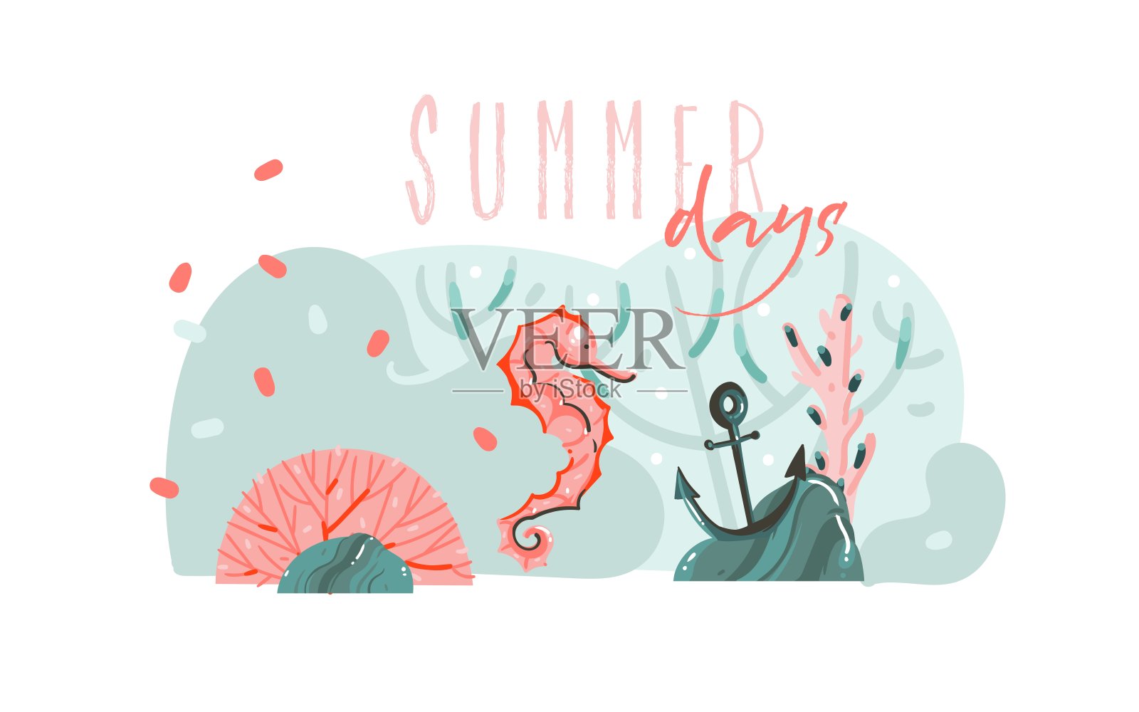 手绘矢量抽象卡通夏天的时间图形插图艺术模板背景与海底，美丽的海马和夏天的日子排版引用孤立在蓝色的水波浪插画图片素材