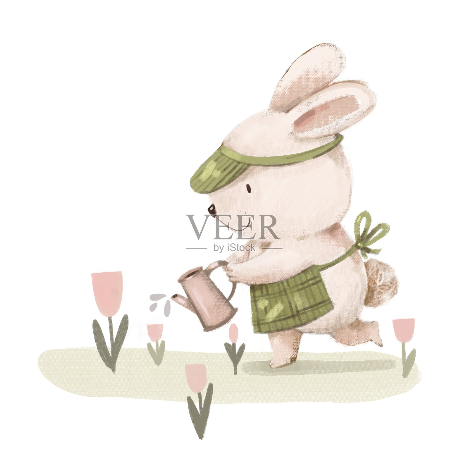 可爱卡通可爱开朗的兔兔园丁正在用喷壶浇灌植物和穿着亚麻布的有机后院的花朵设计元素图片