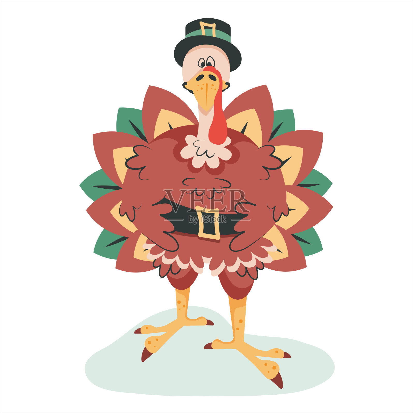感恩节火鸡孤立在白色背景。可爱快乐火鸡恭贺感恩节。滑稽的卡通人物在黑色帽子作为民族传统元素。矢量图设计元素图片