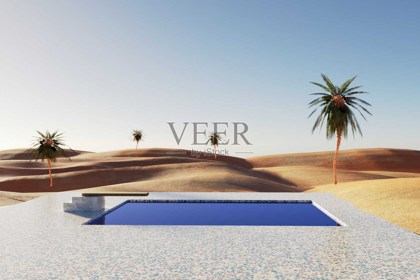 沙漠全景，棕榈树和游泳池，3d渲染照片摄影图片