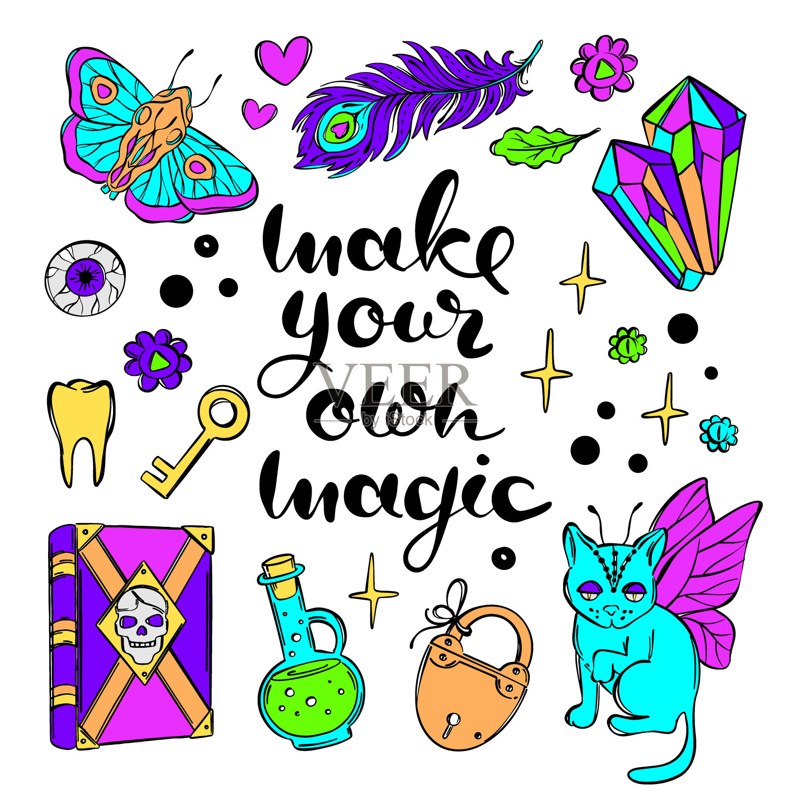 魔法字母插图颜色巫术卡通向量设计元素图片