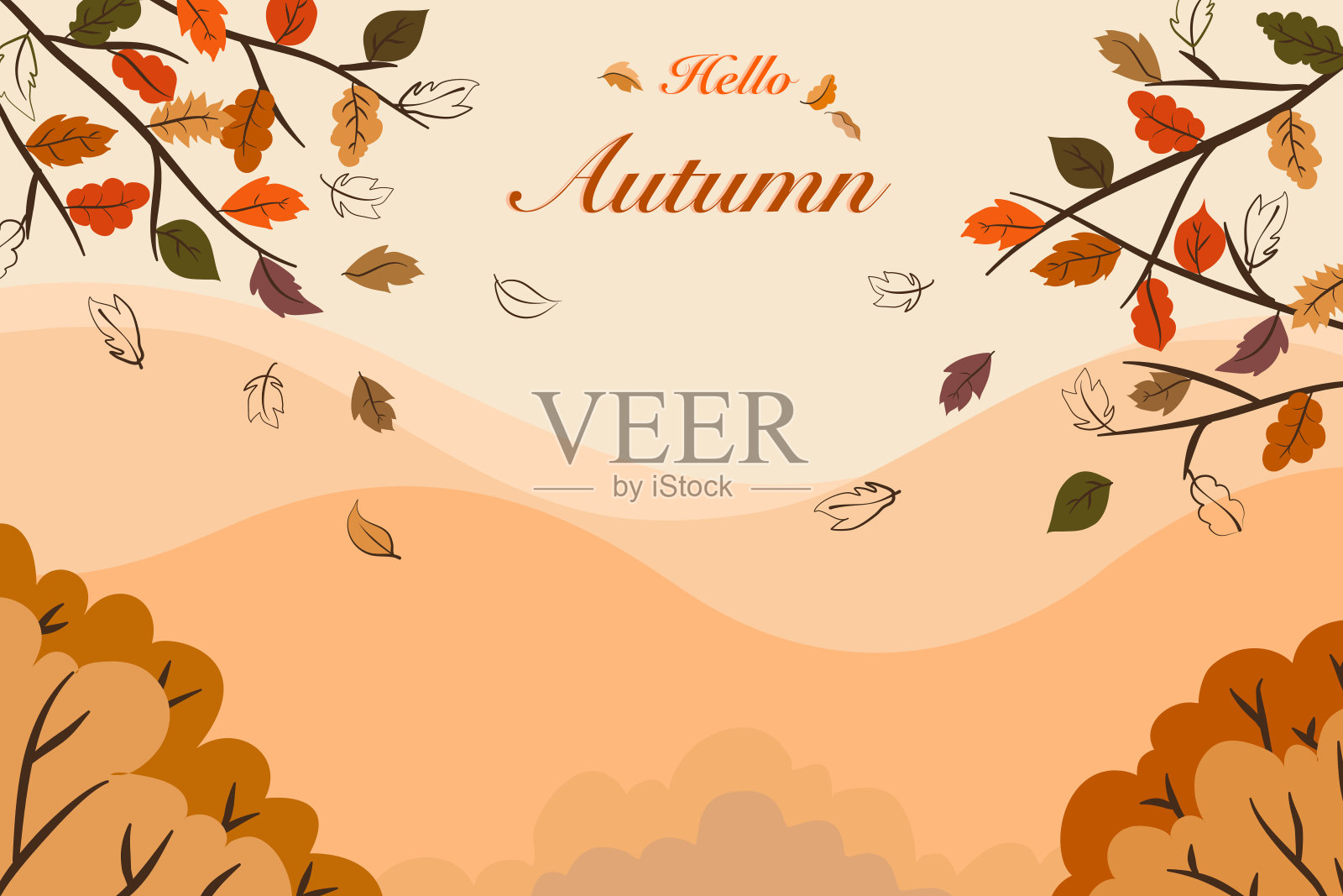 矢量秋天的季节视图绘图，景观的橙色和棕色的树叶，树木，森林山上的风景与你好，秋天的文字为假期明信片，邀请背景插画图片素材