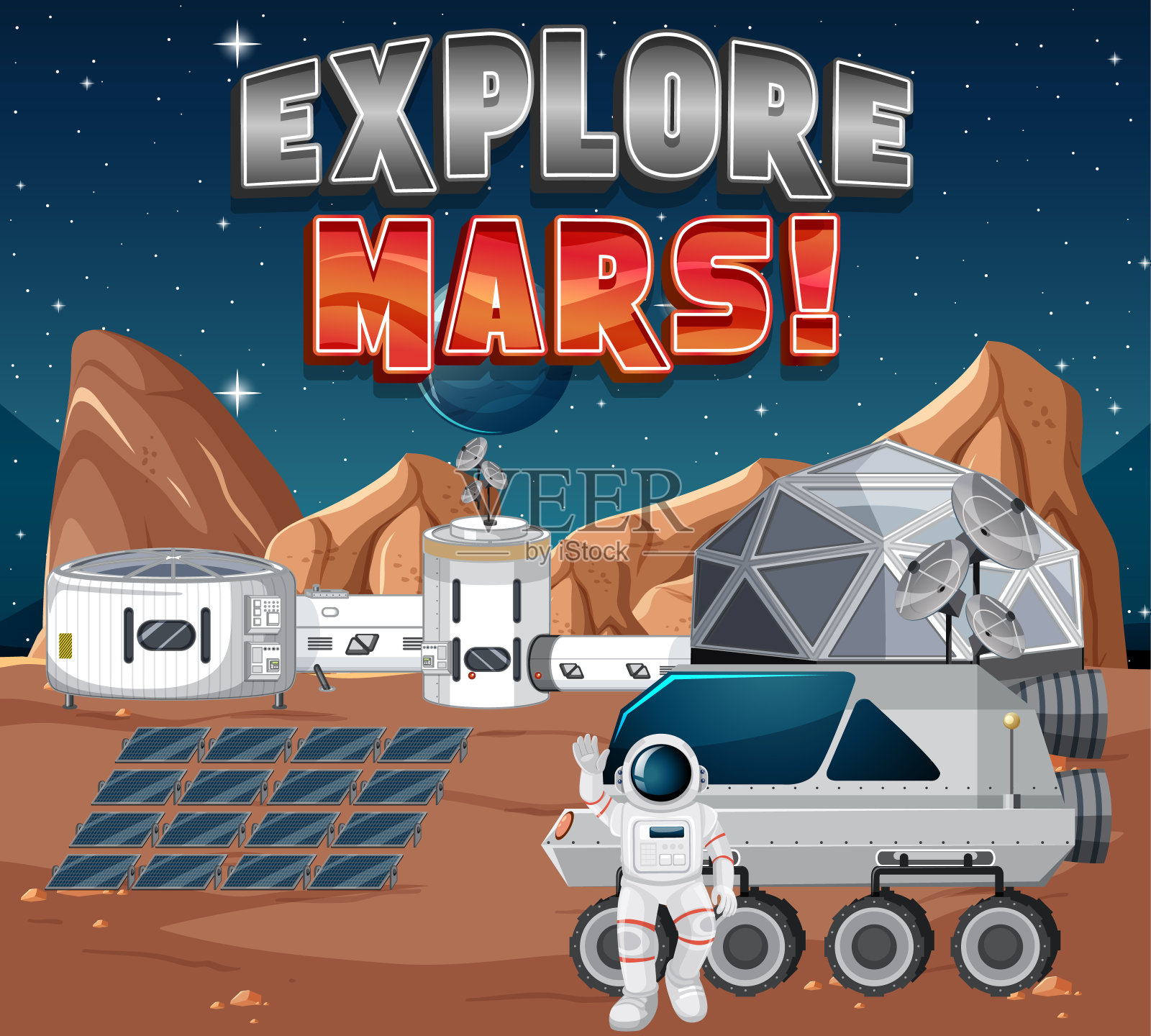 带有“探索火星”标志的星球空间站插画图片素材