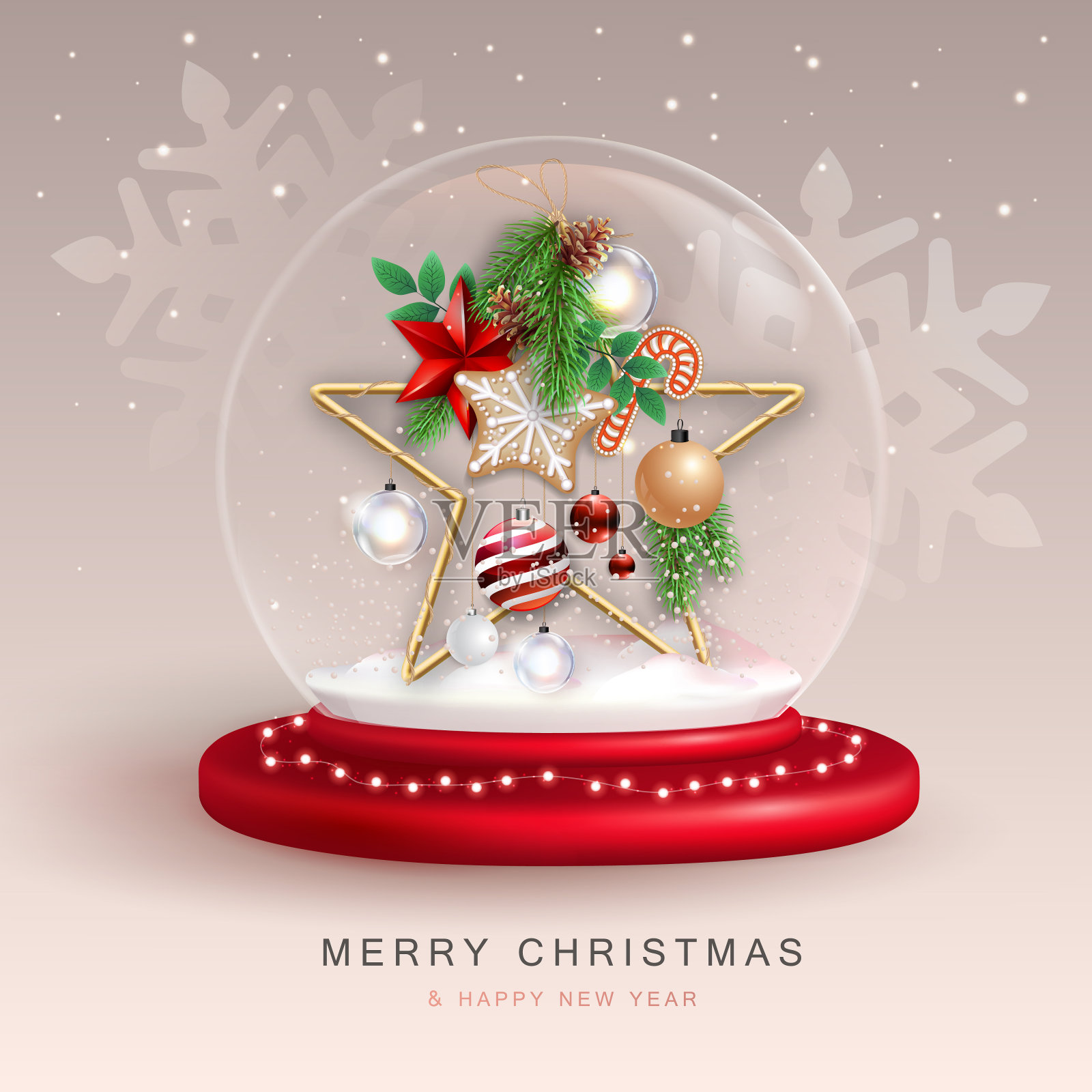 圣诞雪球与3D星星和装饰。圣诞快乐，新年快乐，节日贺卡。矢量图插画图片素材
