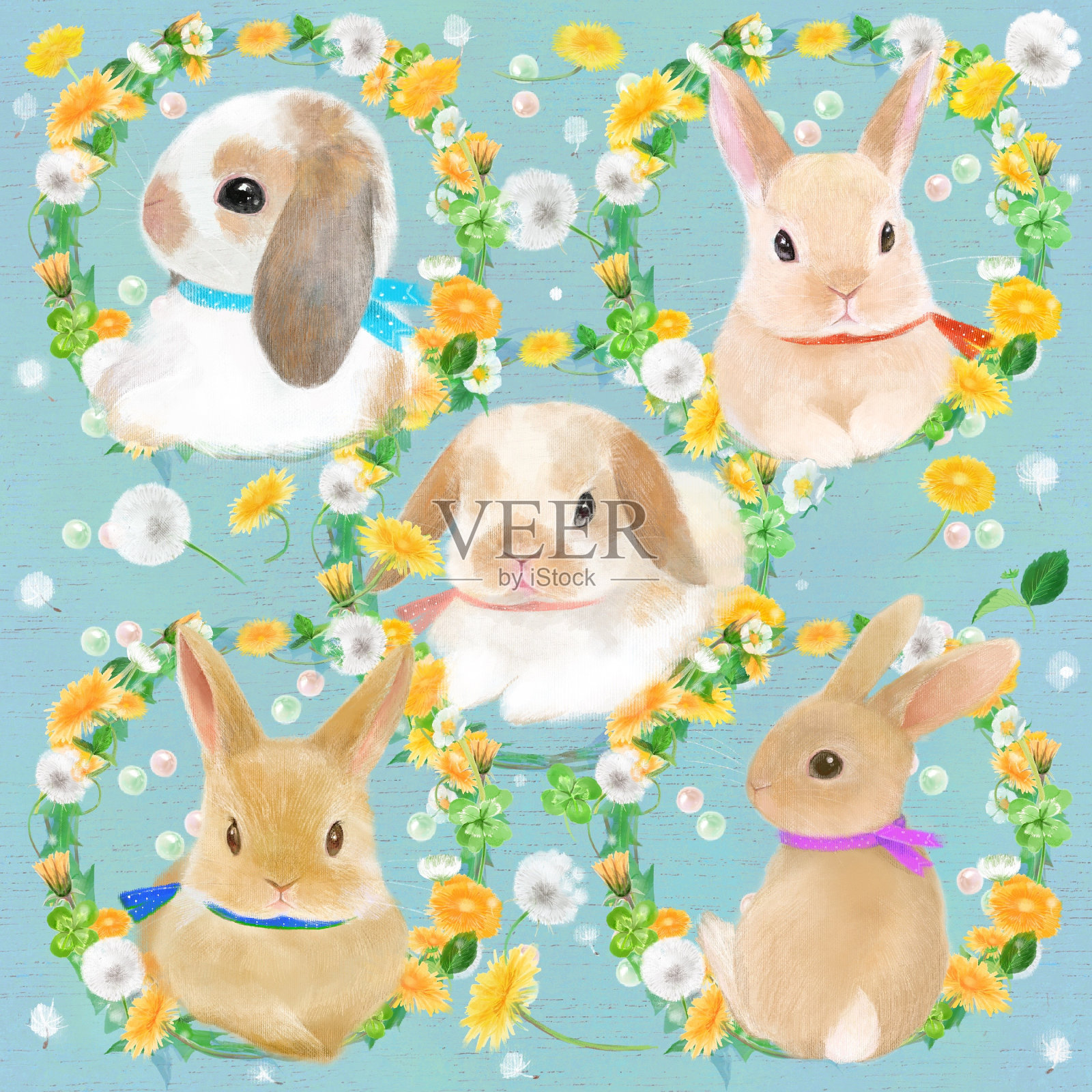 蒲公英花圈的图案插画，与可爱的兔子在兔年，中国的生肖标志2023年，或复活节兔子。设计元素图片