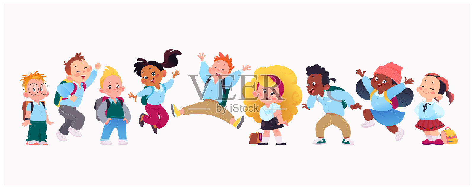 一群快乐的多种族儿童学生穿着制服孤立地跳跃。插画图片素材