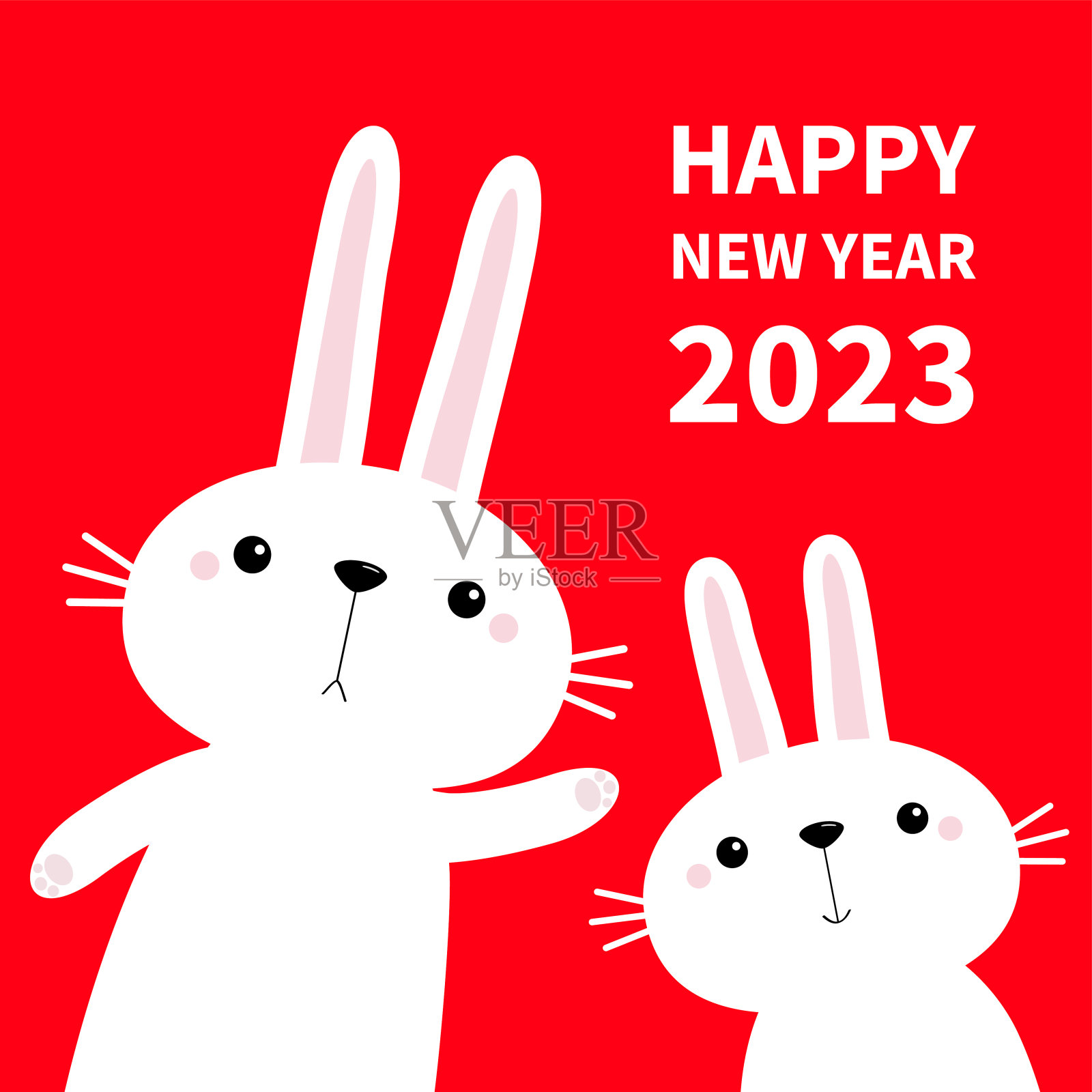 2023年春节快乐。兔年。两只兔子挥舞着爪印的手。可爱卡通卡哇伊有趣的宝宝角色。白色农场动物。红色的背景。贺卡。平面设计插画图片素材