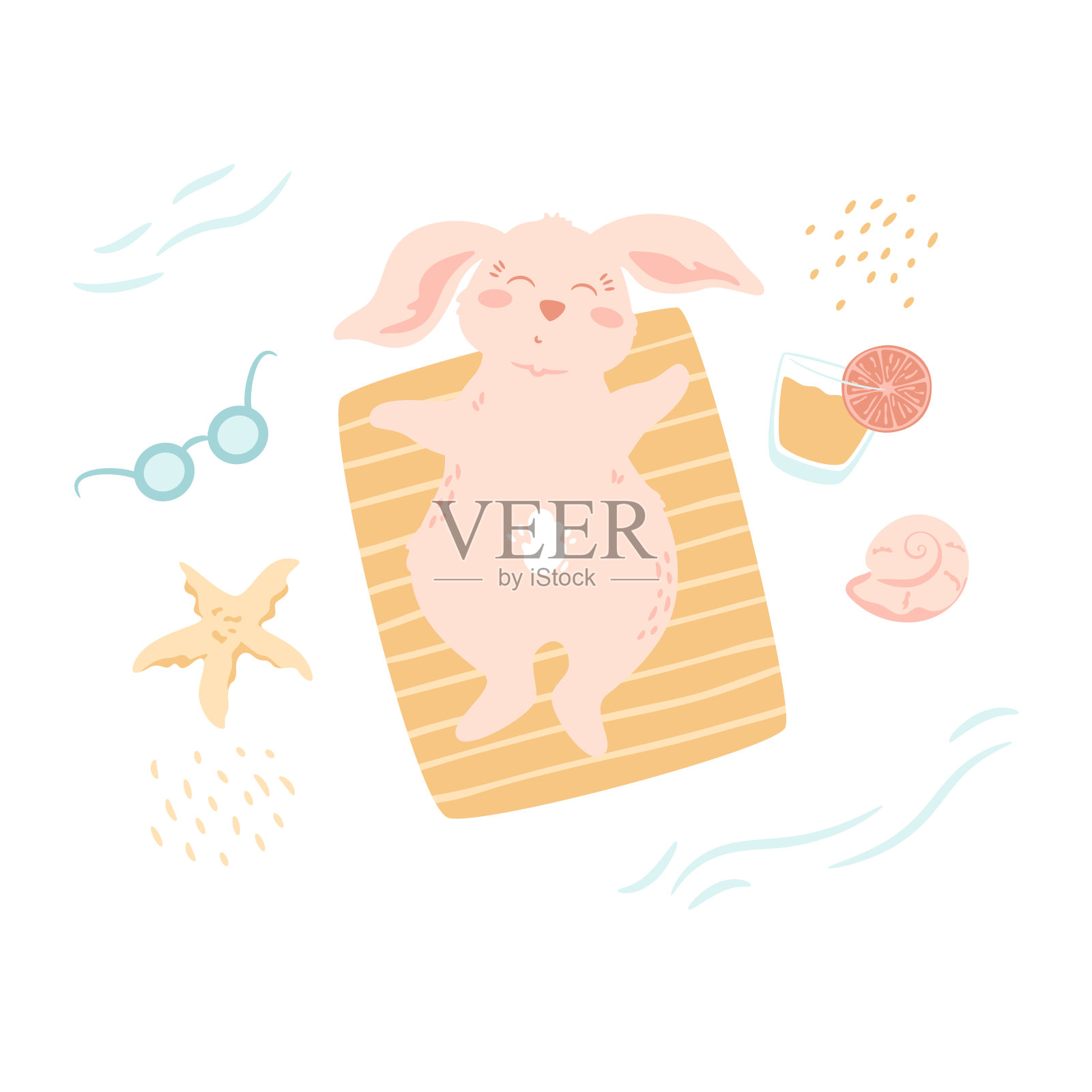 小兔子躺在毯子上。可爱的小兔子在海滩度假，鸡尾酒配橘子片，贝壳，海星，墨镜，波浪，沙子纹理。设计元素图片