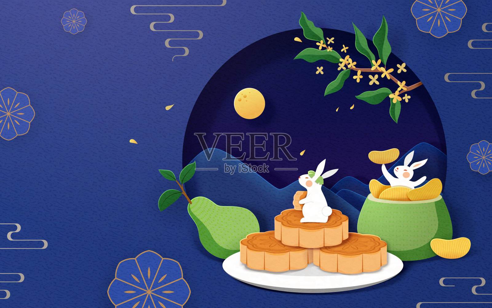 古风中秋节横幅 满月山景玉兔柚子与月饼插画图片素材