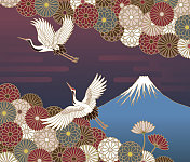 富士山，鹤和菊花花，日本传统图案图片素材