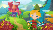卡通场景与自然森林公主和城堡宫殿插画图片