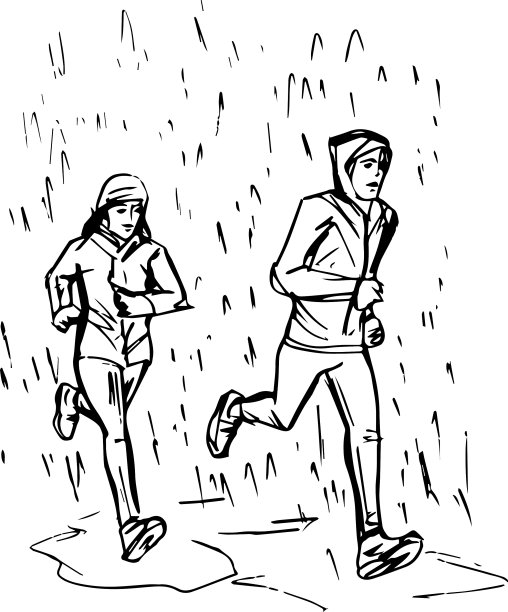 小男孩和女孩字符走在水坑在雨天跑步男人轮廓跑步男人与商人在雨中