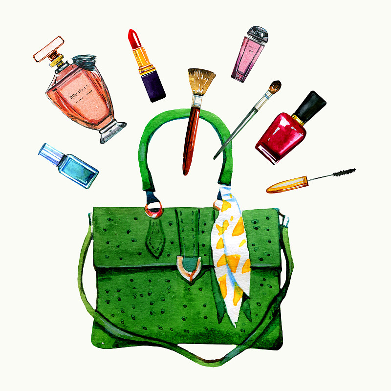 手绘水彩插画与绿色风俗化的女性包，香水和化妆品图片