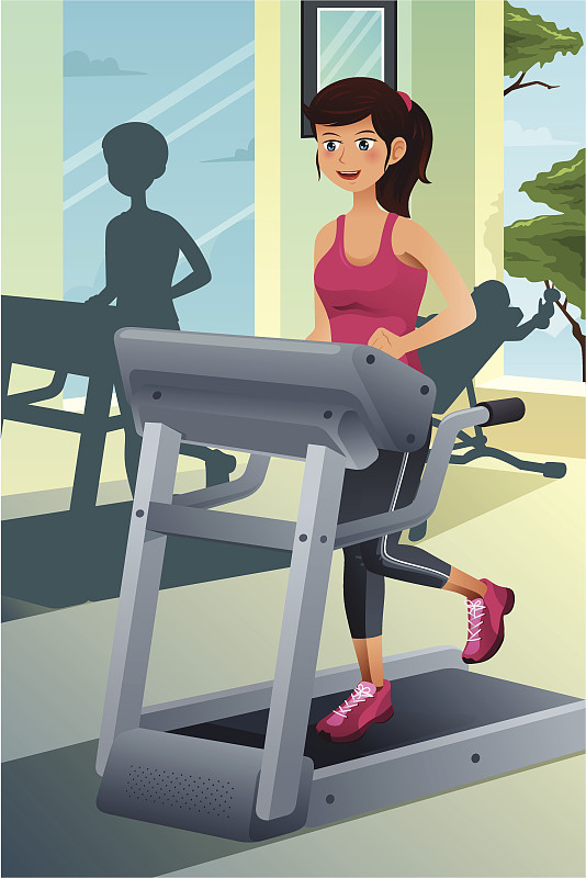 在健身房跑步机上跑步的女人图片下载