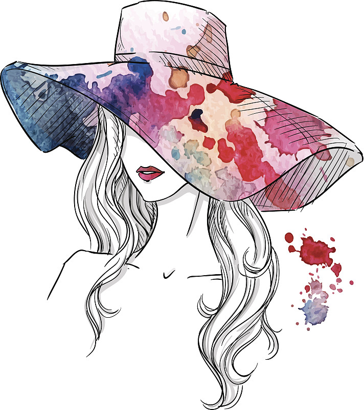 一个戴帽子的女孩的素描。时尚插画。手绘下载