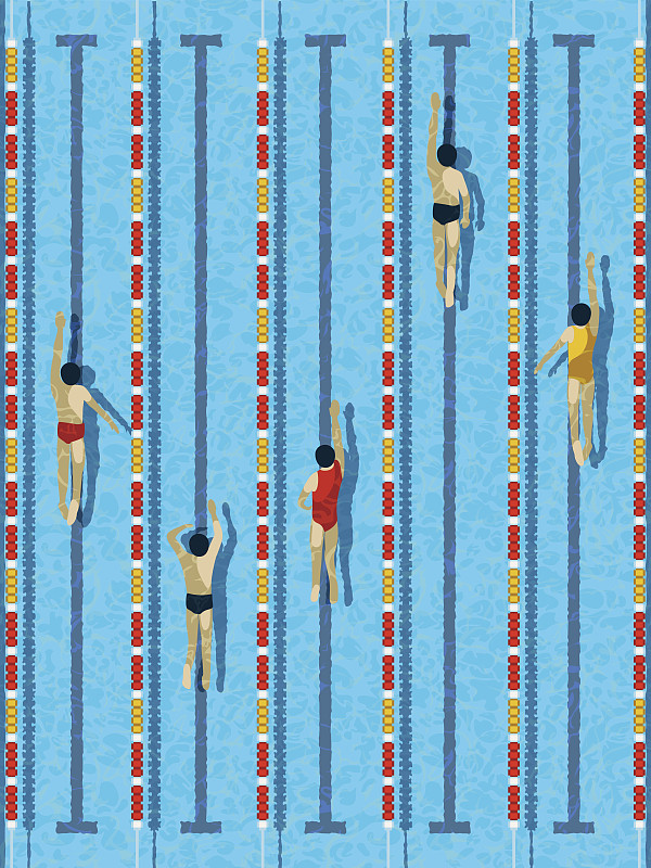 俯视图游泳池与运动员游泳向量图片下载