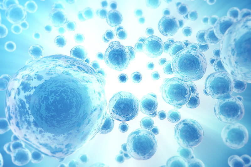 蓝色背景是人类或动物细胞。医学科学概念图片下载