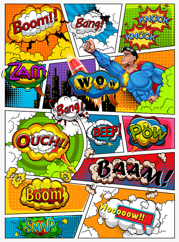 漫画书的页面以台词划分，有气泡、火箭、超级英雄和音效。复古的背景模型。漫画模板。插图图片下载