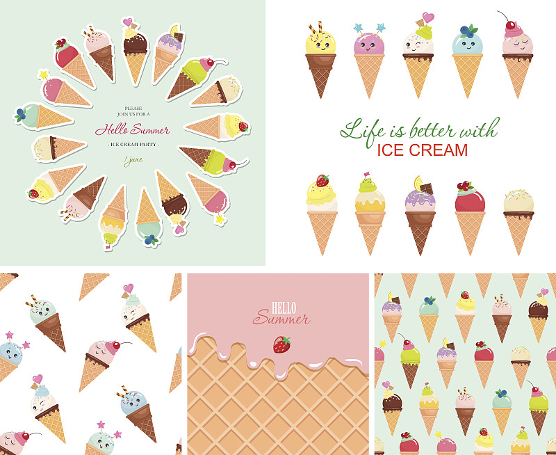 冰淇淋大套。无缝的图案，模板，贴纸。你好,夏天的设计。图片下载