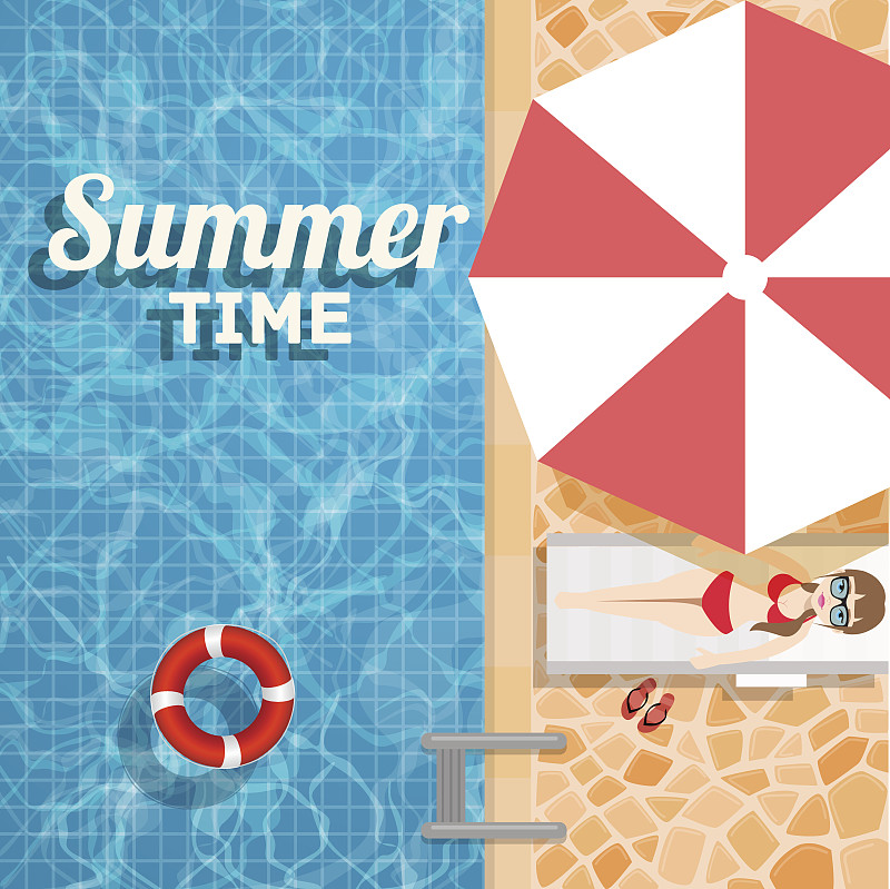 邀请你参加夏季游泳池的水派对。矢量设计插图游泳池与充气环和日光浴的女孩在伞下图片素材