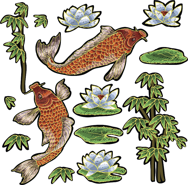 日本传统鲤鱼和花卉刺绣。图片下载