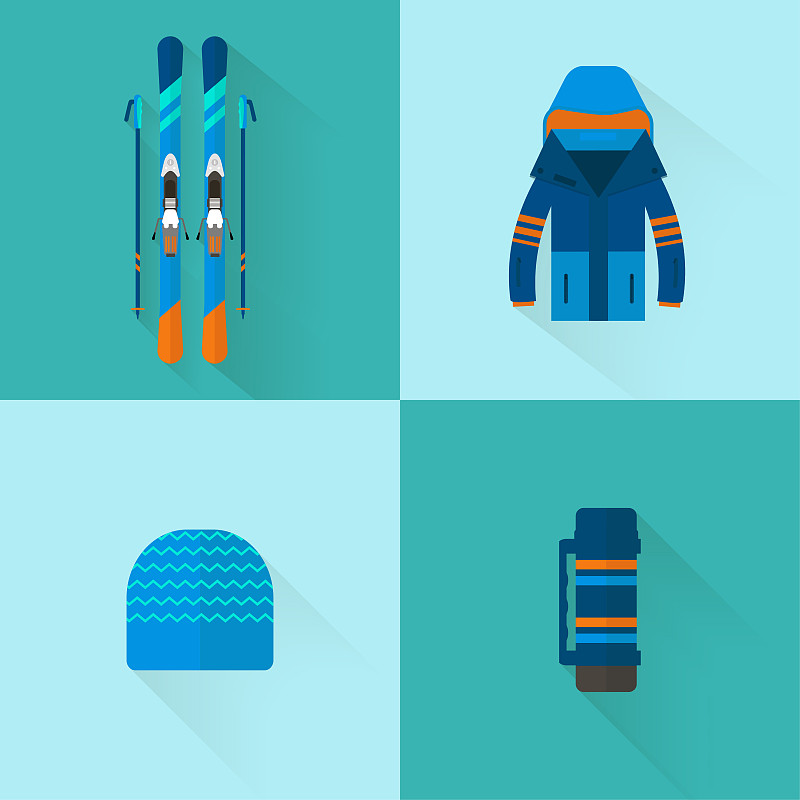 冬季运动图标系列。滑雪和滑雪板成套装备图片素材