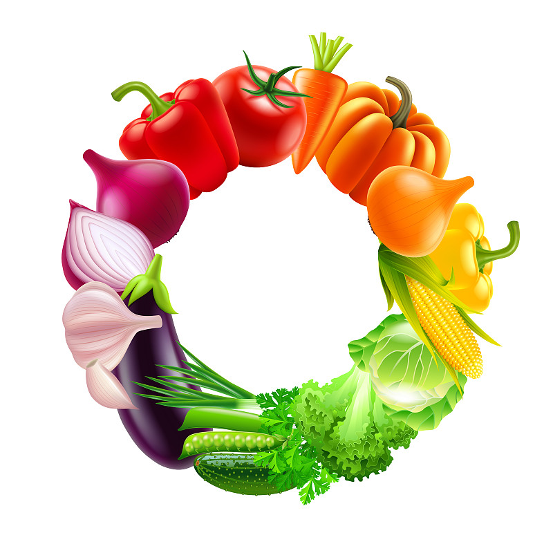 蔬菜在圆圈彩虹颜色矢量背景图片素材