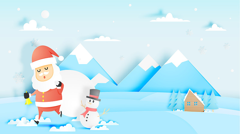圣诞老人、雪人在纸艺术风格与令人惊叹的景观雪和雪花背景图片下载