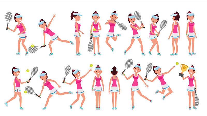 女子网球运动员向量。玩球。不同的姿势。在行动。平的卡通插图图片下载
