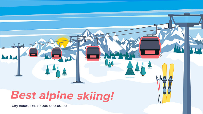 色彩缤纷的高山滑雪胜地背景插图。冬季高山景观中带有升降机或吊篮的明亮布局。图片素材