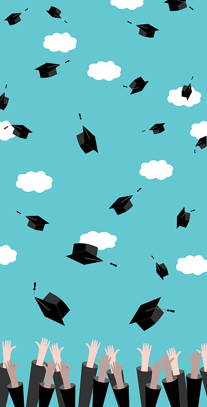 毕业生将毕业帽抛向空中。庆祝教育研究生的成功。平面设计，矢量插图。图片下载