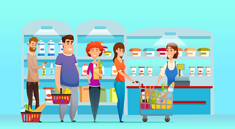 顾客在超市的收银台和收银员一起排队购物。图片下载